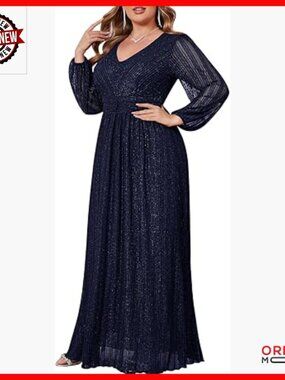 Plus Size Sparkly Lace Formal Maxi Dress V Neck Cocktail Evening Gown